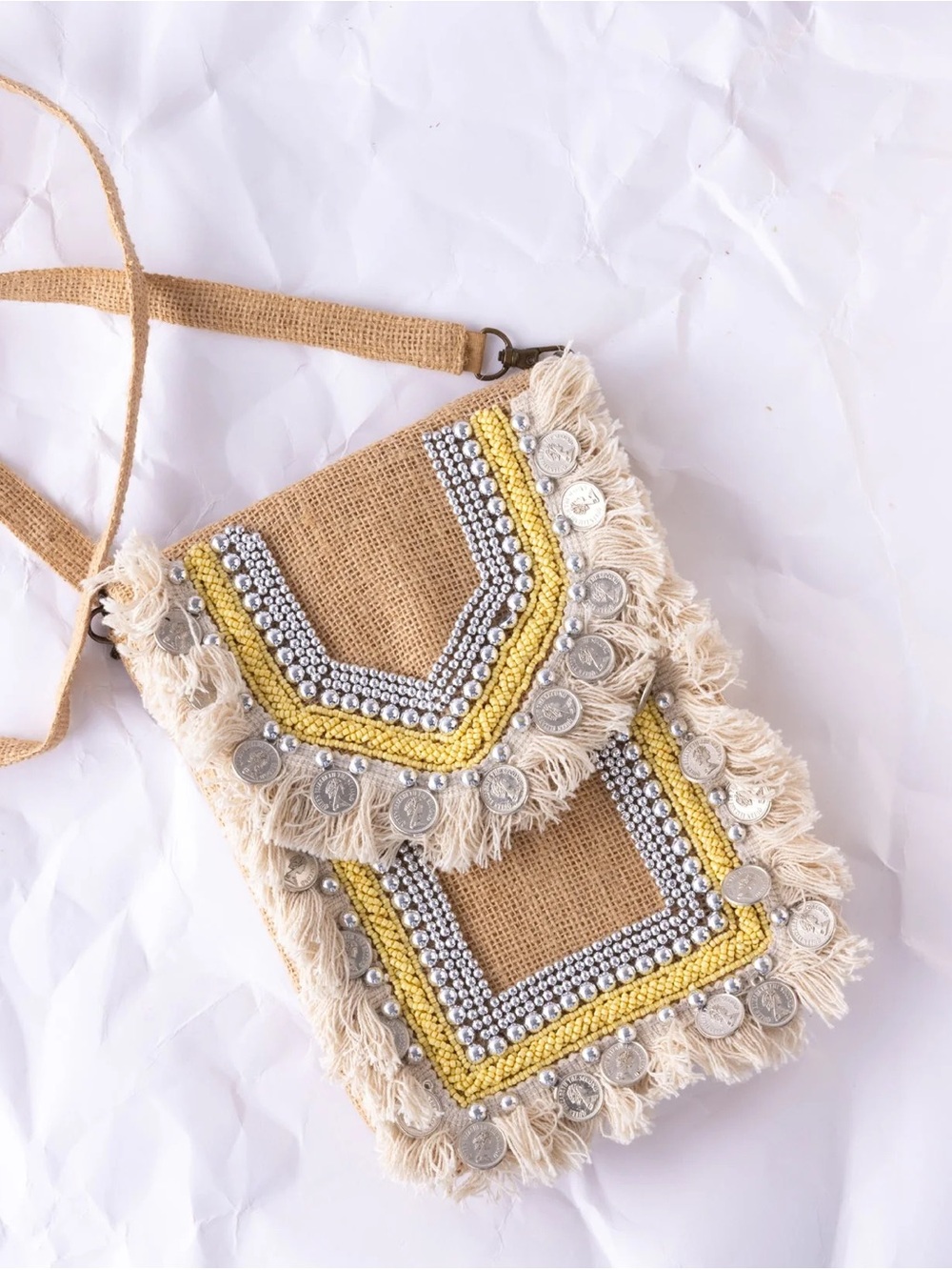 Boho Fringe Crossbody Bag in Natural and Yellow - NWT